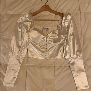 Fashion Nova Cream Satin Puff Sleeve Silk Top